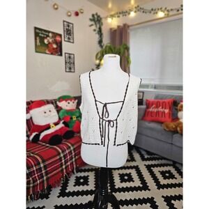 HIPPIE MADDEN GIRL Cream Crochet Vest Womens L Sleeveless Cardigan Hippie